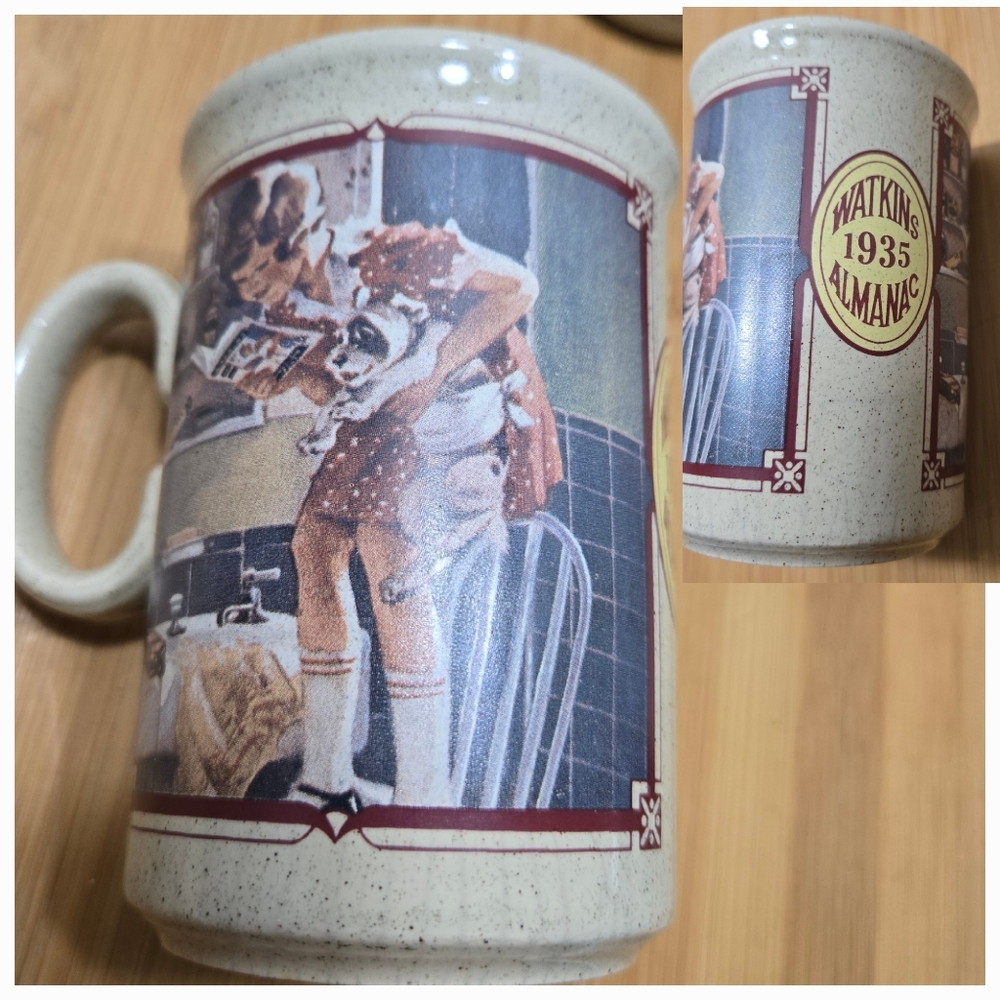 Vintage Watkins Almanac Stoneware Mug Coffee Cup 1935 Calendar Cover